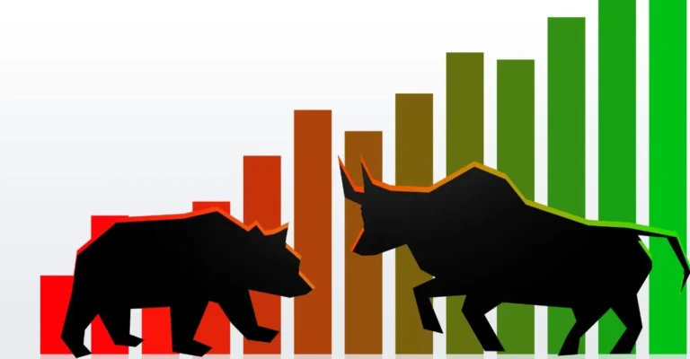 bull and bear with red and green candlesticks in background